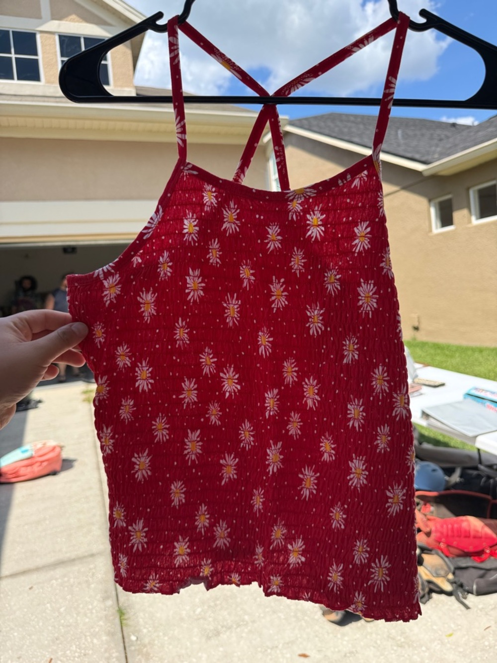No Boundaries Red Daisy-Print Smocked Cami